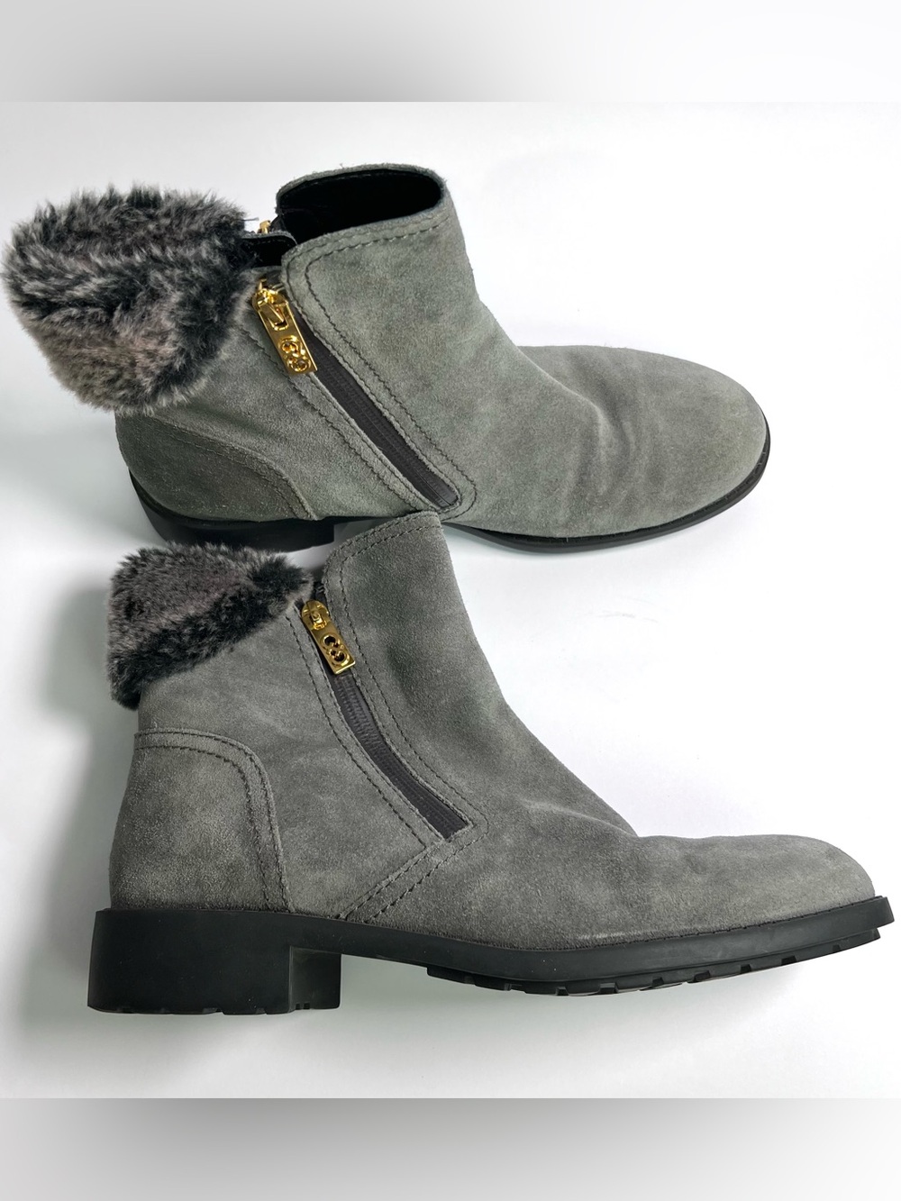 Cole Haan Quinney Bootie Women's 10B Gray Waterproof Suede Ankle Faux Fur Zipper